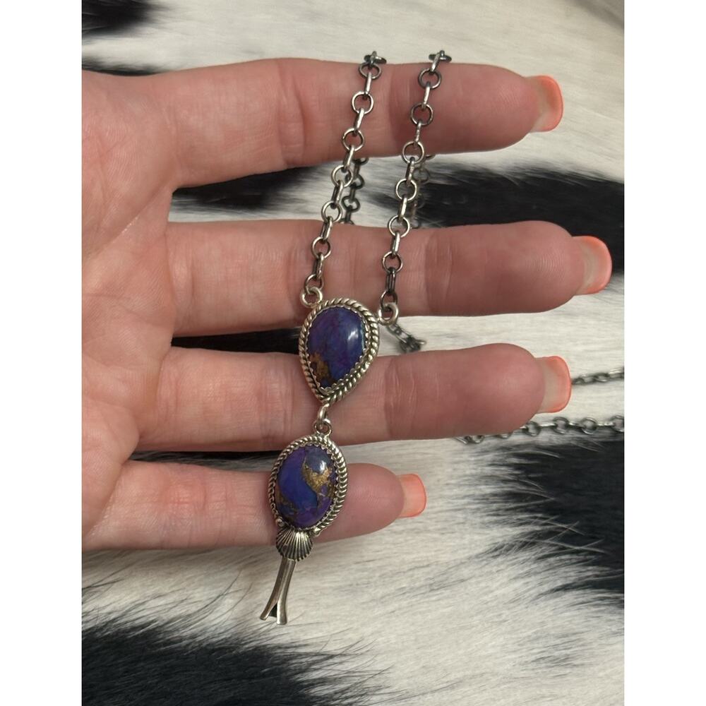 Native American Sterling Silver Purple Mojave 2 Stone Lariat Dangle Necklace